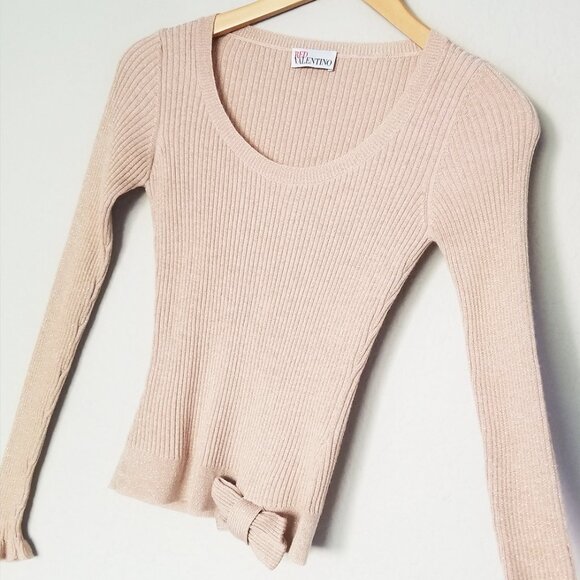RED Valentino Champagne Rose Gold Lurex Rib Knit Bow Ruffle Fitted Sweater Wool - Picture 16 of 16